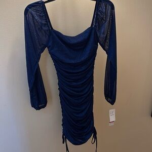 Jump- Glitter Square Neck Ruched Long Sleeves With Ties At Hemline Dress